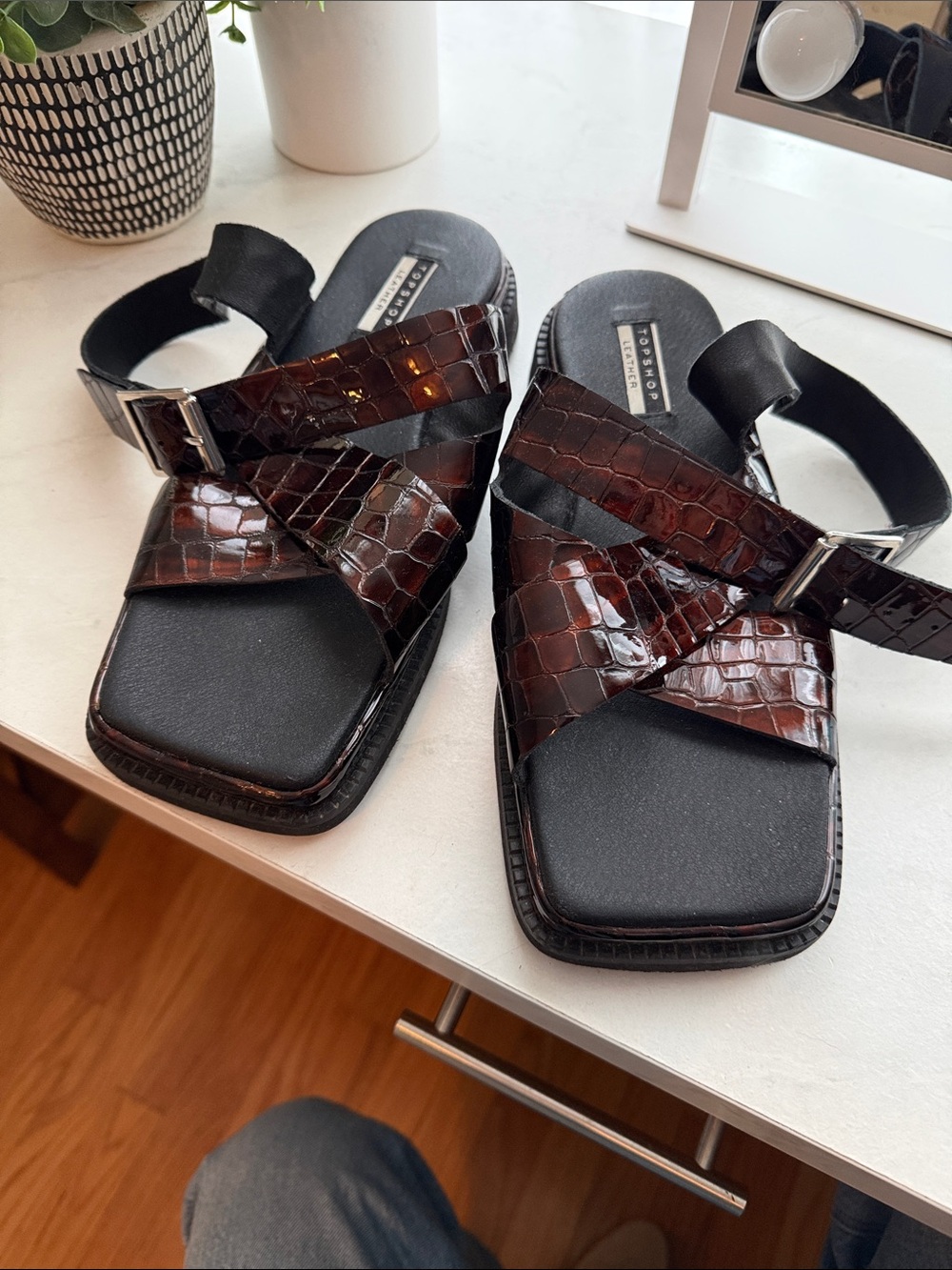 Topshop Dark Brown Croc-Embossed Leather Strappy Sandals